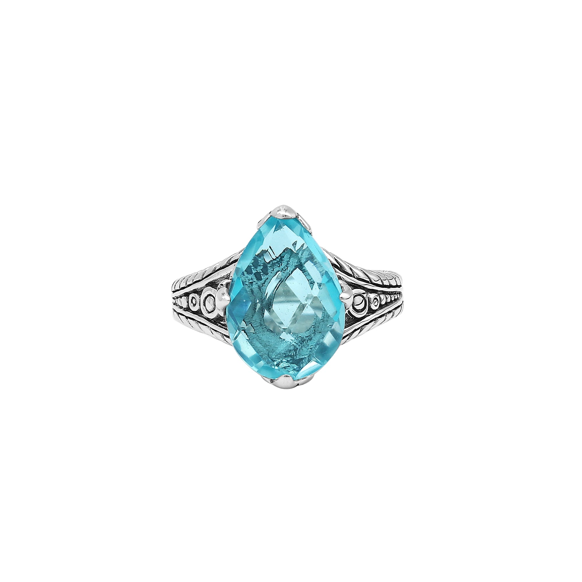 Handcrafted Sterling Silver Blue Topaz Quartz Teardrop Royal Elegance Heritage Ring With Balinese Detailing.