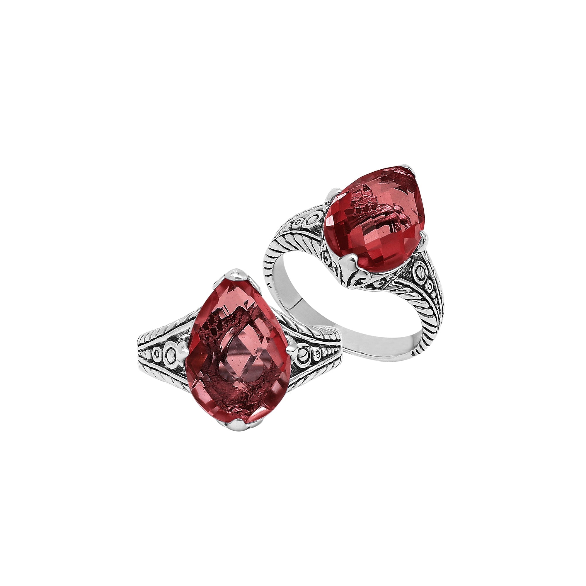Handcrafted Sterling Silver Garnet Quartz Teardrop Royal Elegance Heritage Ring With Balinese Detailing.