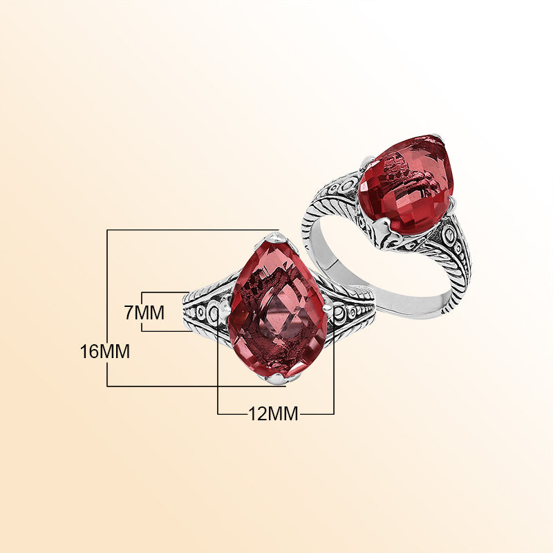 Handcrafted Sterling Silver Garnet Quartz Teardrop Royal Elegance Heritage Ring With Balinese Detailing.