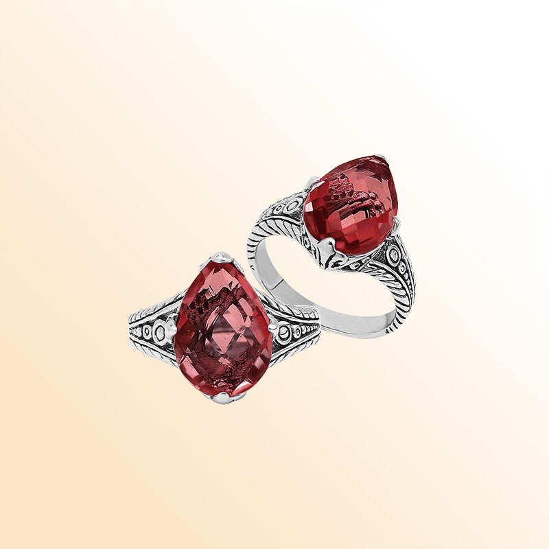 Handcrafted Sterling Silver Garnet Quartz Teardrop Royal Elegance Heritage Ring With Balinese Detailing.