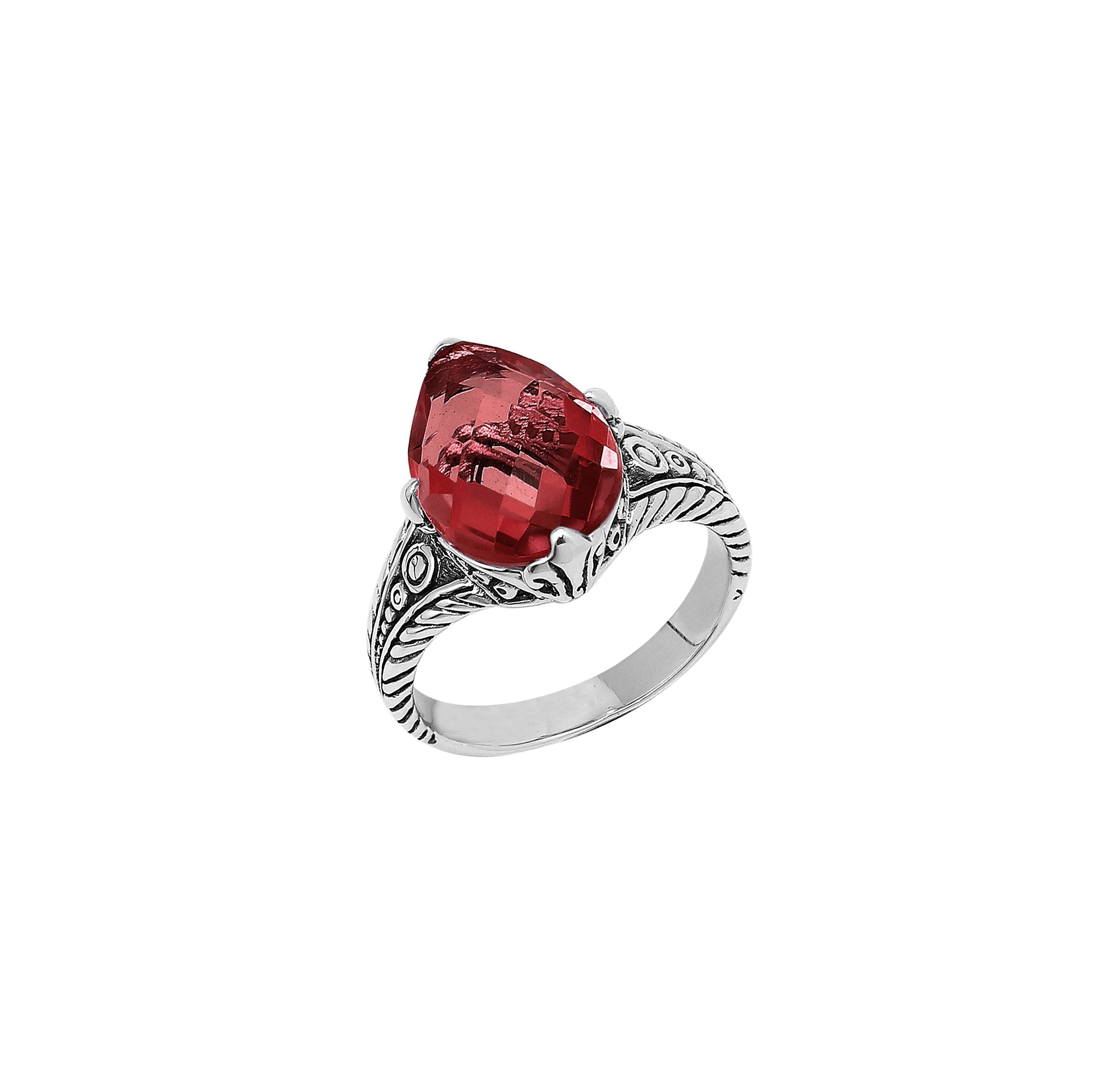Handcrafted Sterling Silver Garnet Quartz Teardrop Royal Elegance Heritage Ring With Balinese Detailing.