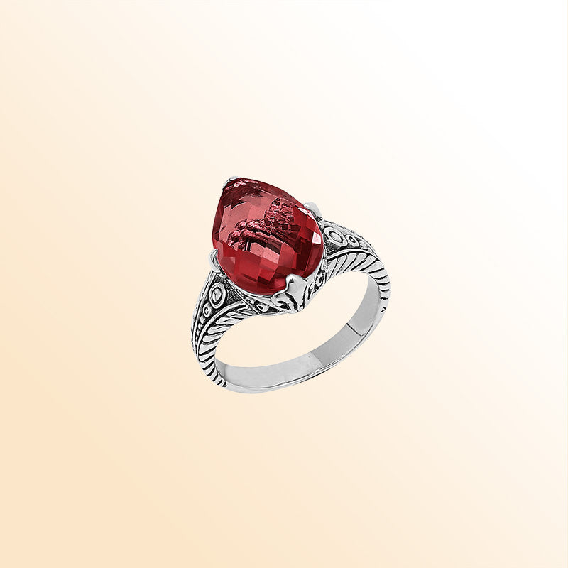 Handcrafted Sterling Silver Garnet Quartz Teardrop Royal Elegance Heritage Ring With Balinese Detailing.
