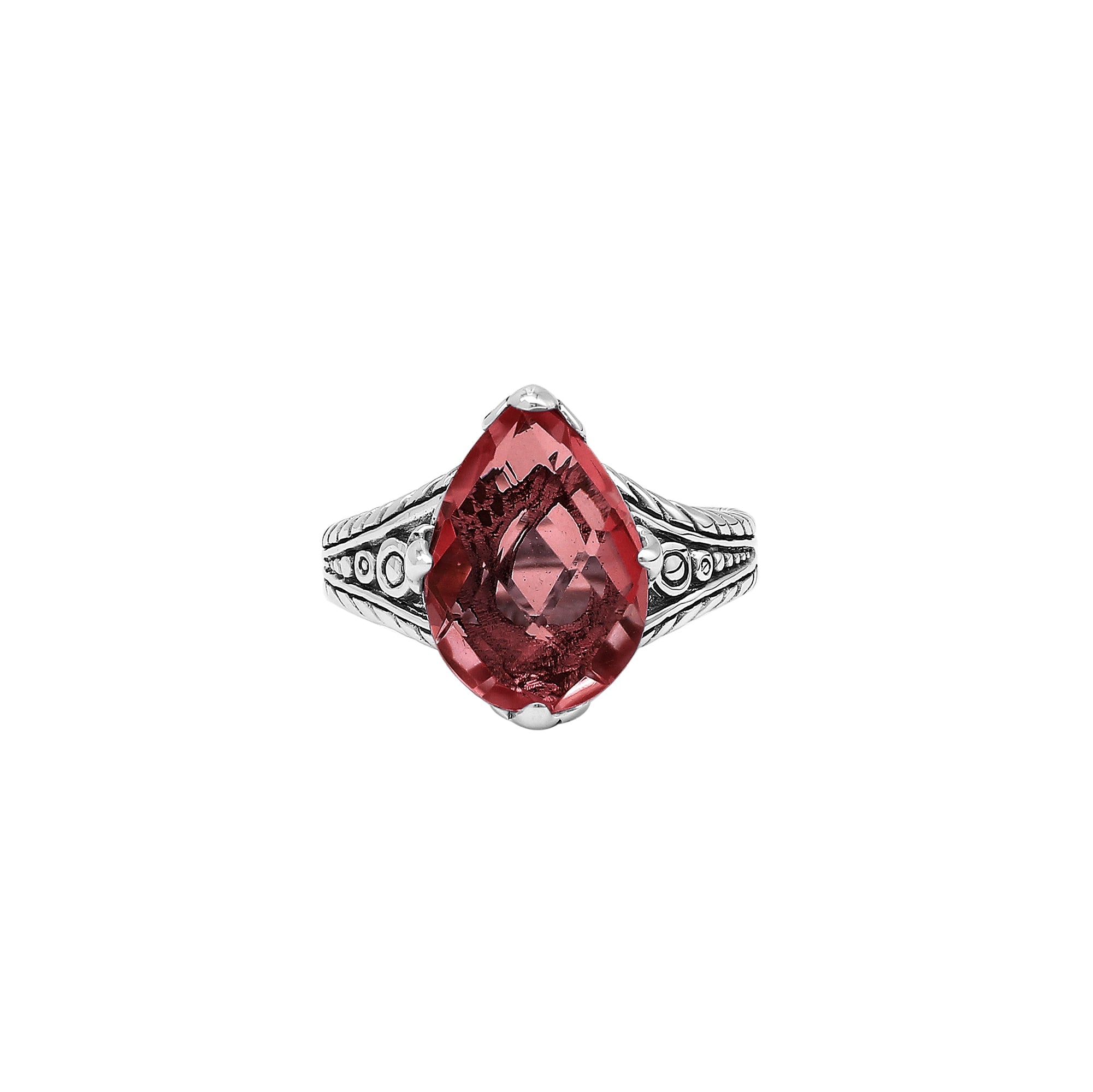 Handcrafted Sterling Silver Garnet Quartz Teardrop Royal Elegance Heritage Ring With Balinese Detailing.