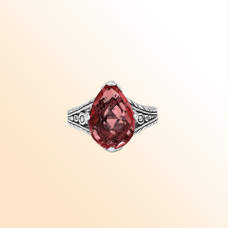 Handcrafted Sterling Silver Garnet Quartz Teardrop Royal Elegance Heritage Ring With Balinese Detailing.