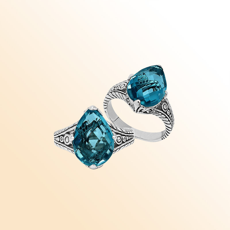 Handcrafted Sterling Silver London Blue Topaz Quartz Teardrop Royal Elegance Heritage Ring With Balinese Detailing.