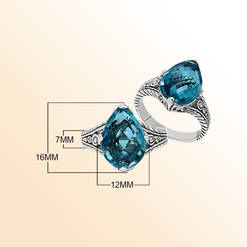 Handcrafted Sterling Silver London Blue Topaz Quartz Teardrop Royal Elegance Heritage Ring With Balinese Detailing.
