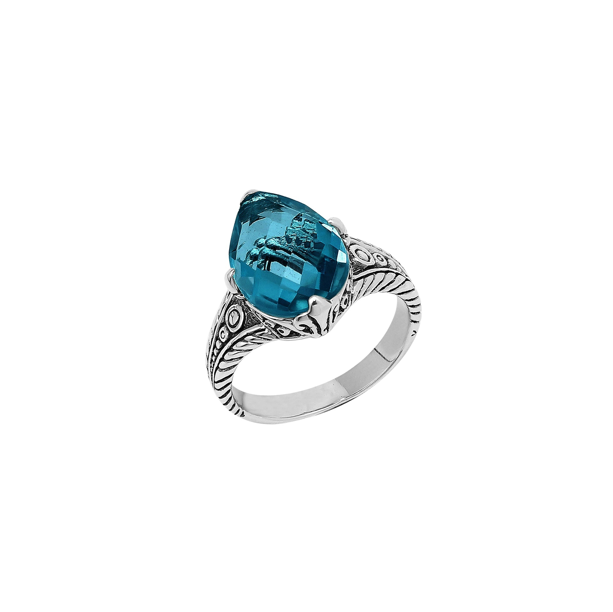 Handcrafted Sterling Silver London Blue Topaz Quartz Teardrop Royal Elegance Heritage Ring With Balinese Detailing.
