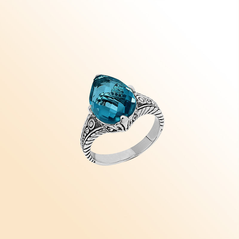 Handcrafted Sterling Silver London Blue Topaz Quartz Teardrop Royal Elegance Heritage Ring With Balinese Detailing.