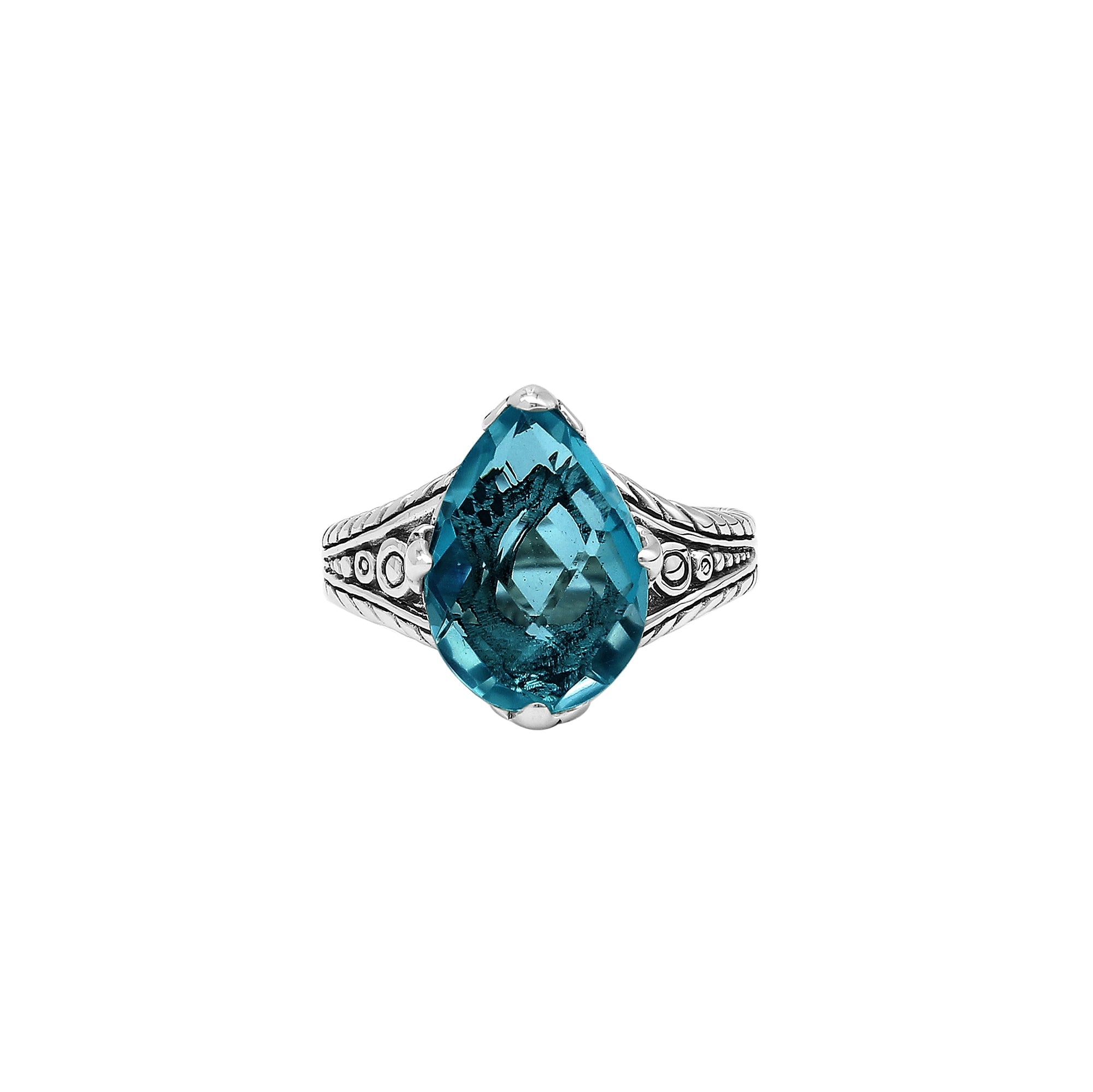Handcrafted Sterling Silver London Blue Topaz Quartz Teardrop Royal Elegance Heritage Ring With Balinese Detailing.