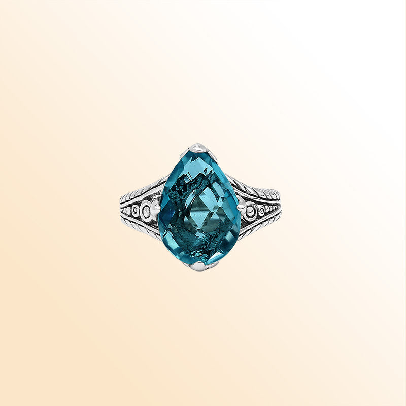 Handcrafted Sterling Silver London Blue Topaz Quartz Teardrop Royal Elegance Heritage Ring With Balinese Detailing.