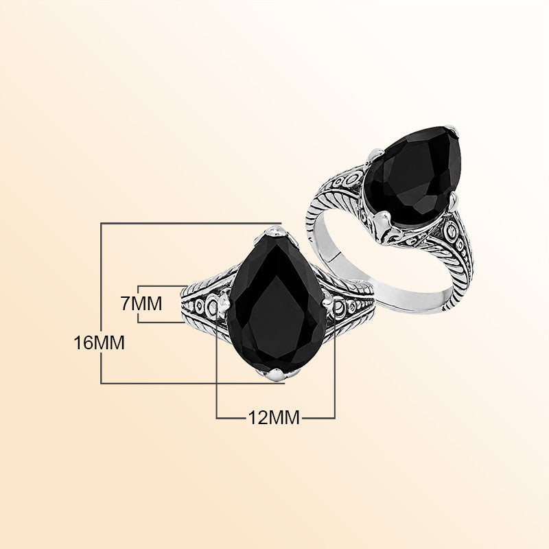 Vintage sterling silver Black Onyx cocktail ring with handcrafted Balinese artisan detailing