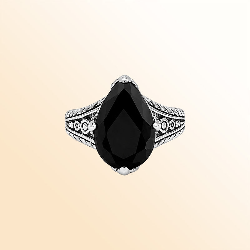 Vintage sterling silver Black Onyx cocktail ring with handcrafted Balinese artisan detailing