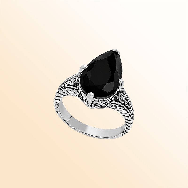 Vintage sterling silver Black Onyx cocktail ring with handcrafted Balinese artisan detailing