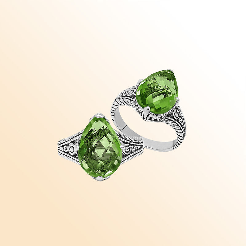 Handcrafted Sterling Silver Peridot Quartz Teardrop Garden Bloom Ring With Balinese Detailing.