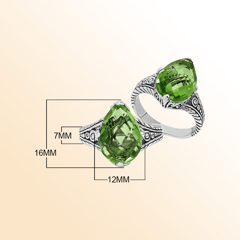 Handcrafted Sterling Silver Peridot Quartz Teardrop Garden Bloom Ring With Balinese Detailing.