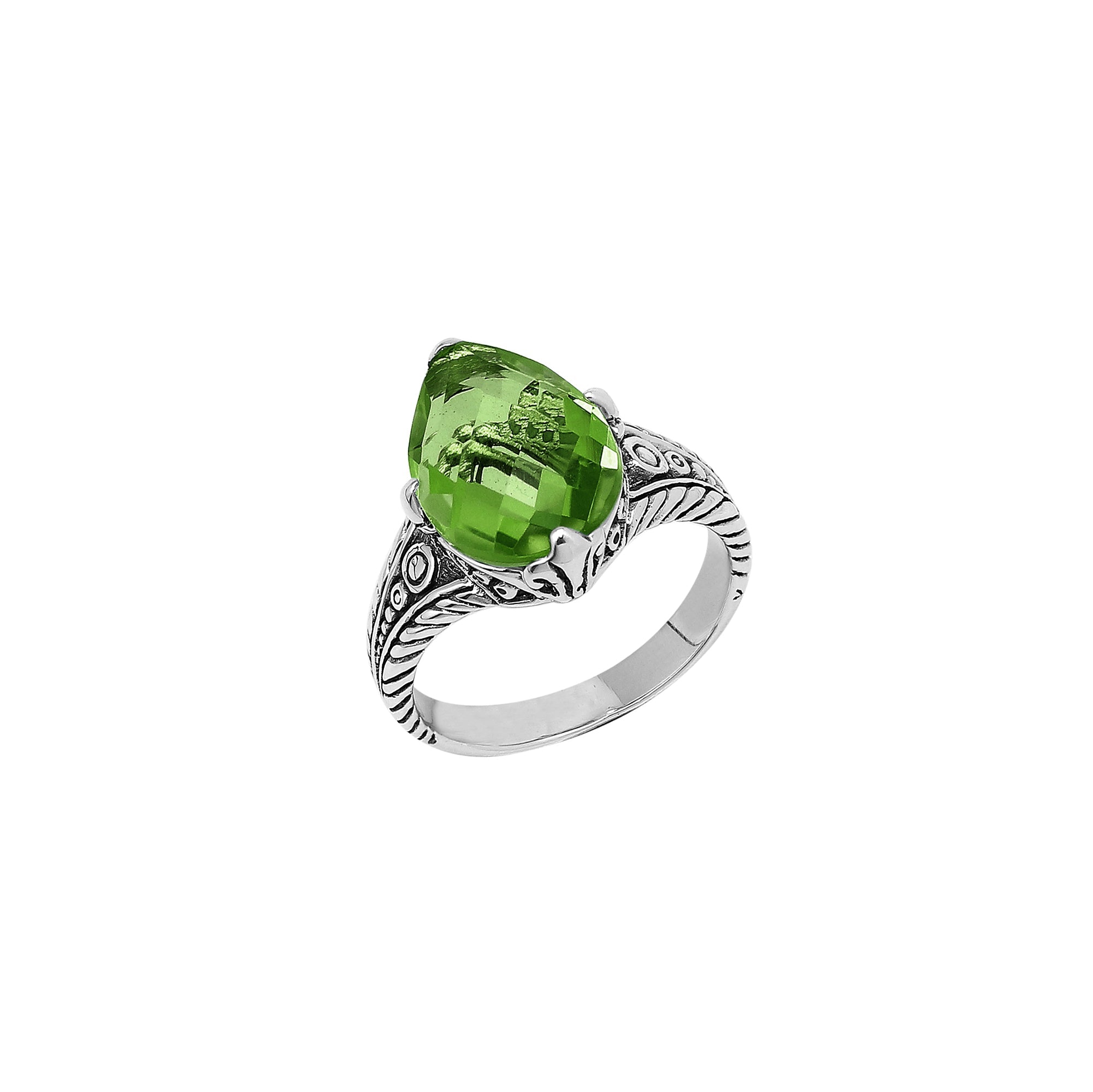 Handcrafted Sterling Silver Peridot Quartz Teardrop Garden Bloom Ring With Balinese Detailing.