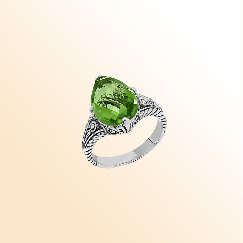 Handcrafted Sterling Silver Peridot Quartz Teardrop Garden Bloom Ring With Balinese Detailing.
