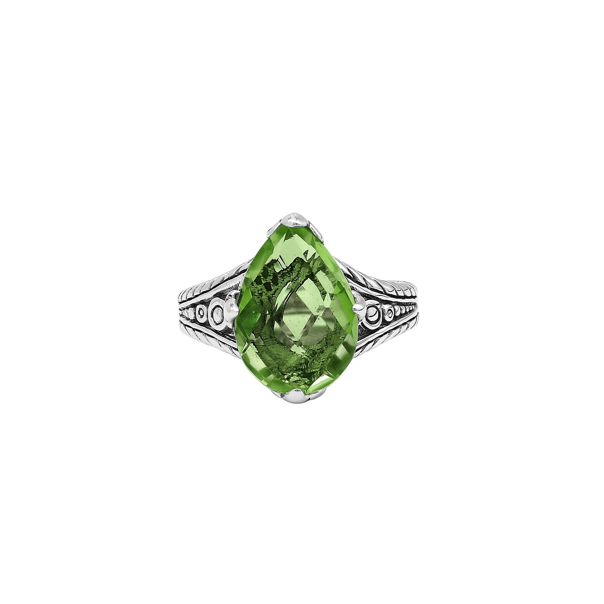 Handcrafted Sterling Silver Peridot Quartz Teardrop Garden Bloom Ring With Balinese Detailing.