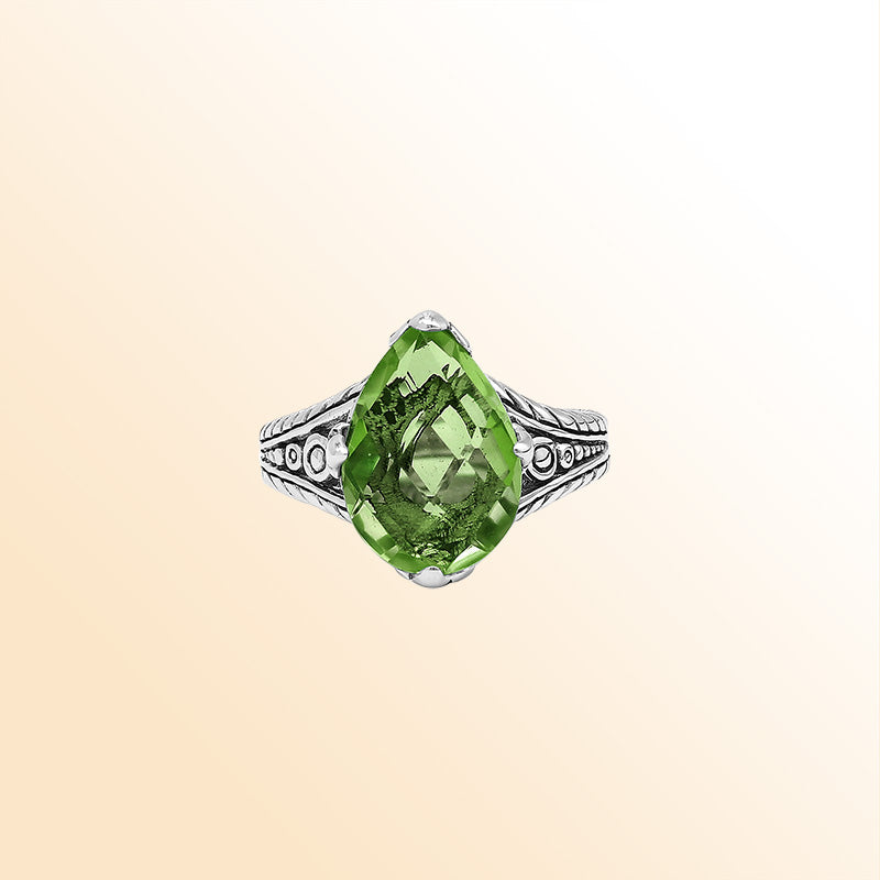 Handcrafted Sterling Silver Peridot Quartz Teardrop Garden Bloom Ring With Balinese Detailing.