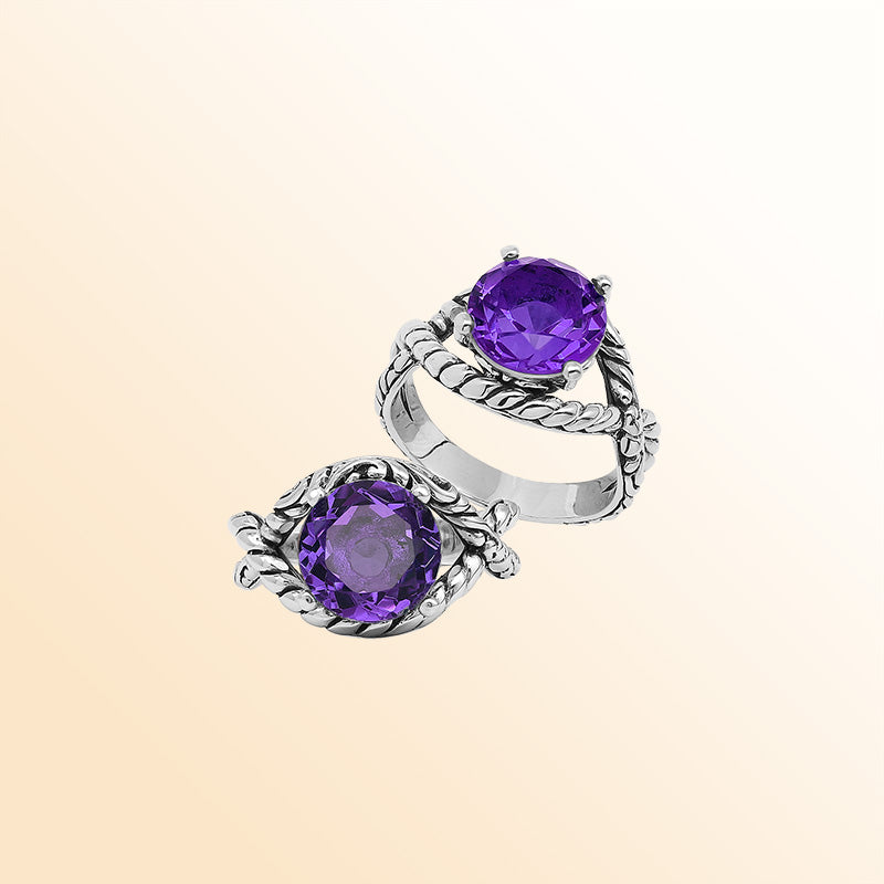 Handcrafted Sterling Silver Amethyst Quartz Twilight Rope Elegance Ring With Balinese Detailing.