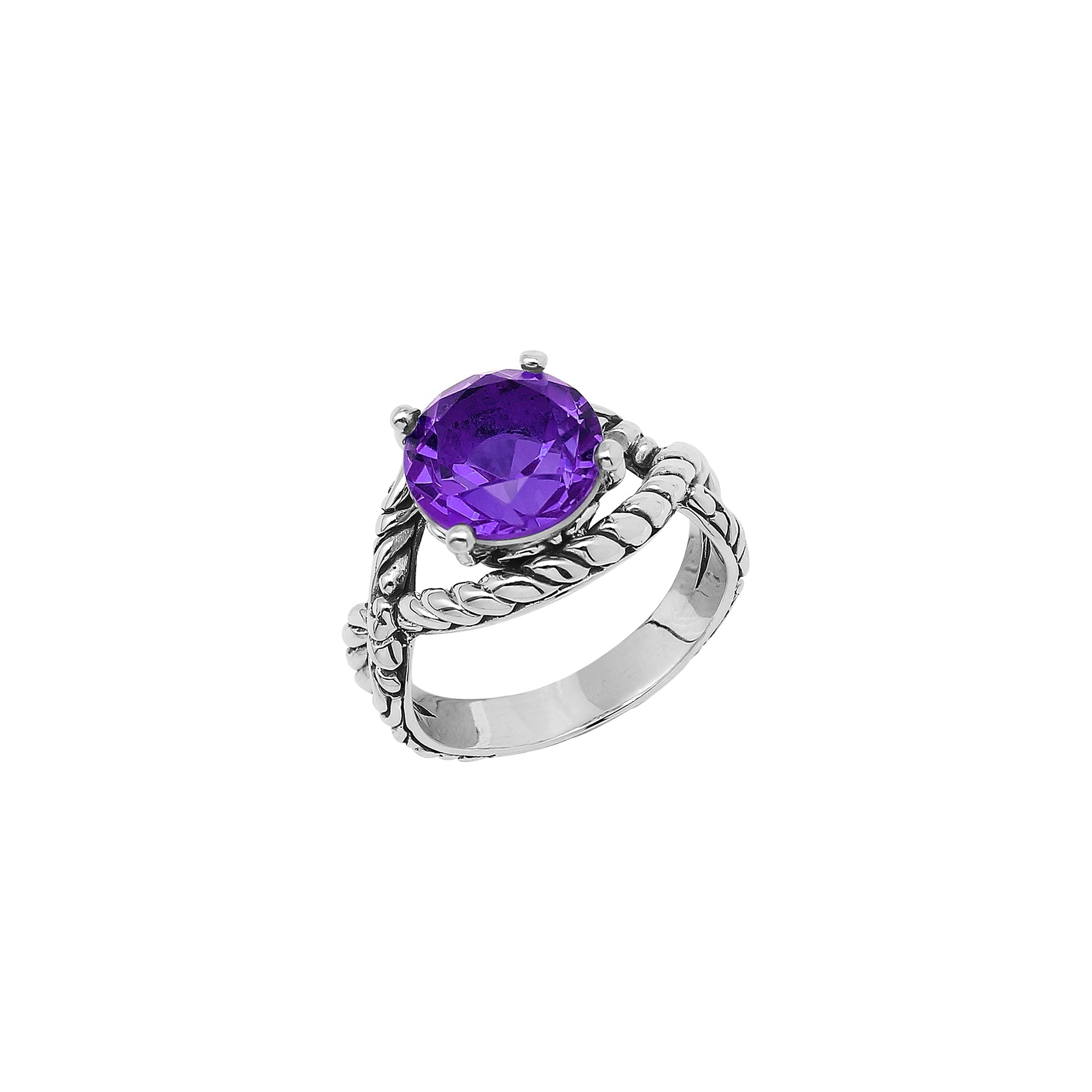 Handcrafted Sterling Silver Amethyst Quartz Twilight Rope Elegance Ring With Balinese Detailing.