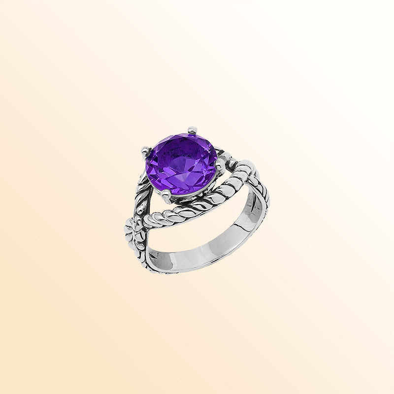 Handcrafted Sterling Silver Amethyst Quartz Twilight Rope Elegance Ring With Balinese Detailing.