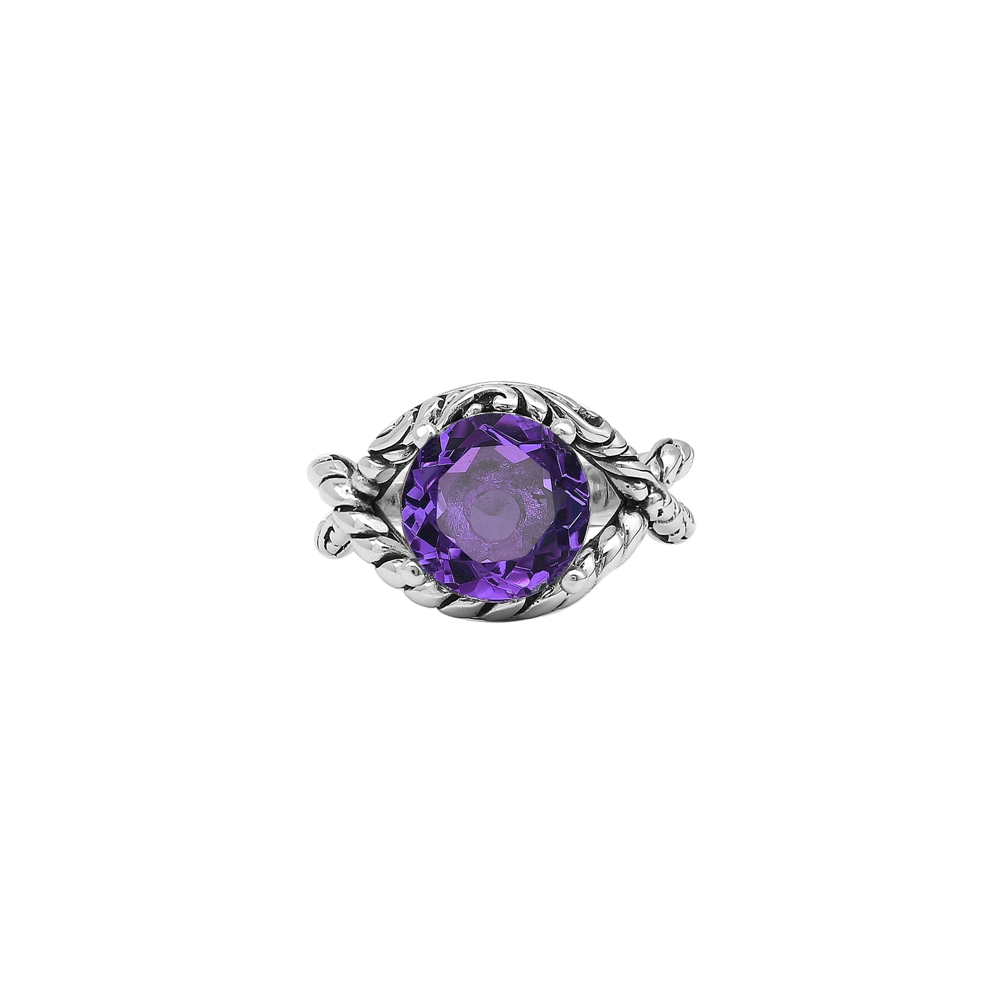Handcrafted Sterling Silver Amethyst Quartz Twilight Rope Elegance Ring With Balinese Detailing.