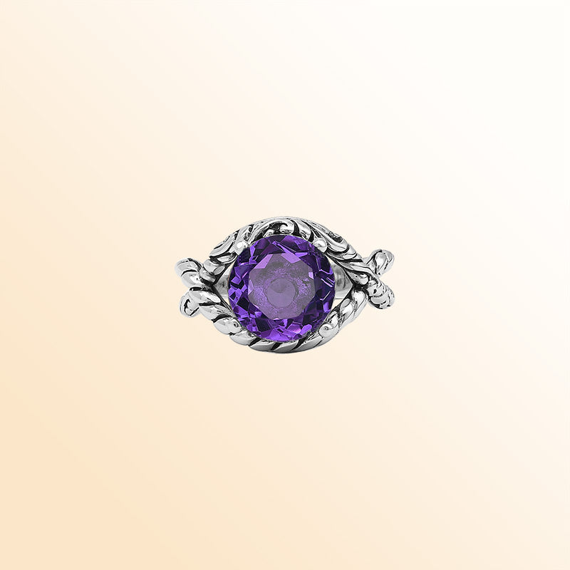Handcrafted Sterling Silver Amethyst Quartz Twilight Rope Elegance Ring With Balinese Detailing.