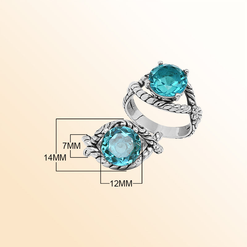Handcrafted Sterling Silver Blue Topaz Quartz Ocean Rope Elegance Ring With Balinese Detailing.