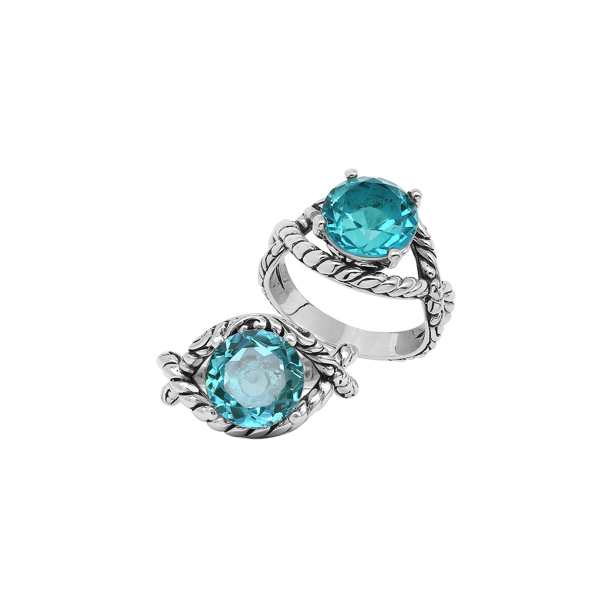 Handcrafted Sterling Silver Blue Topaz Quartz Ocean Rope Elegance Ring With Balinese Detailing.