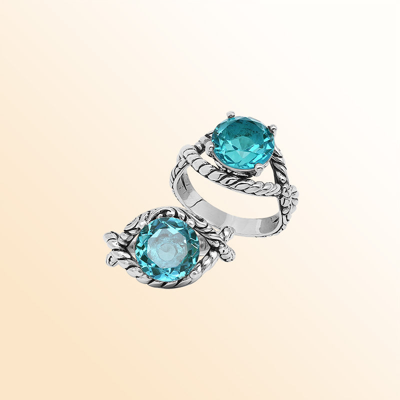 Handcrafted Sterling Silver Blue Topaz Quartz Ocean Rope Elegance Ring With Balinese Detailing.