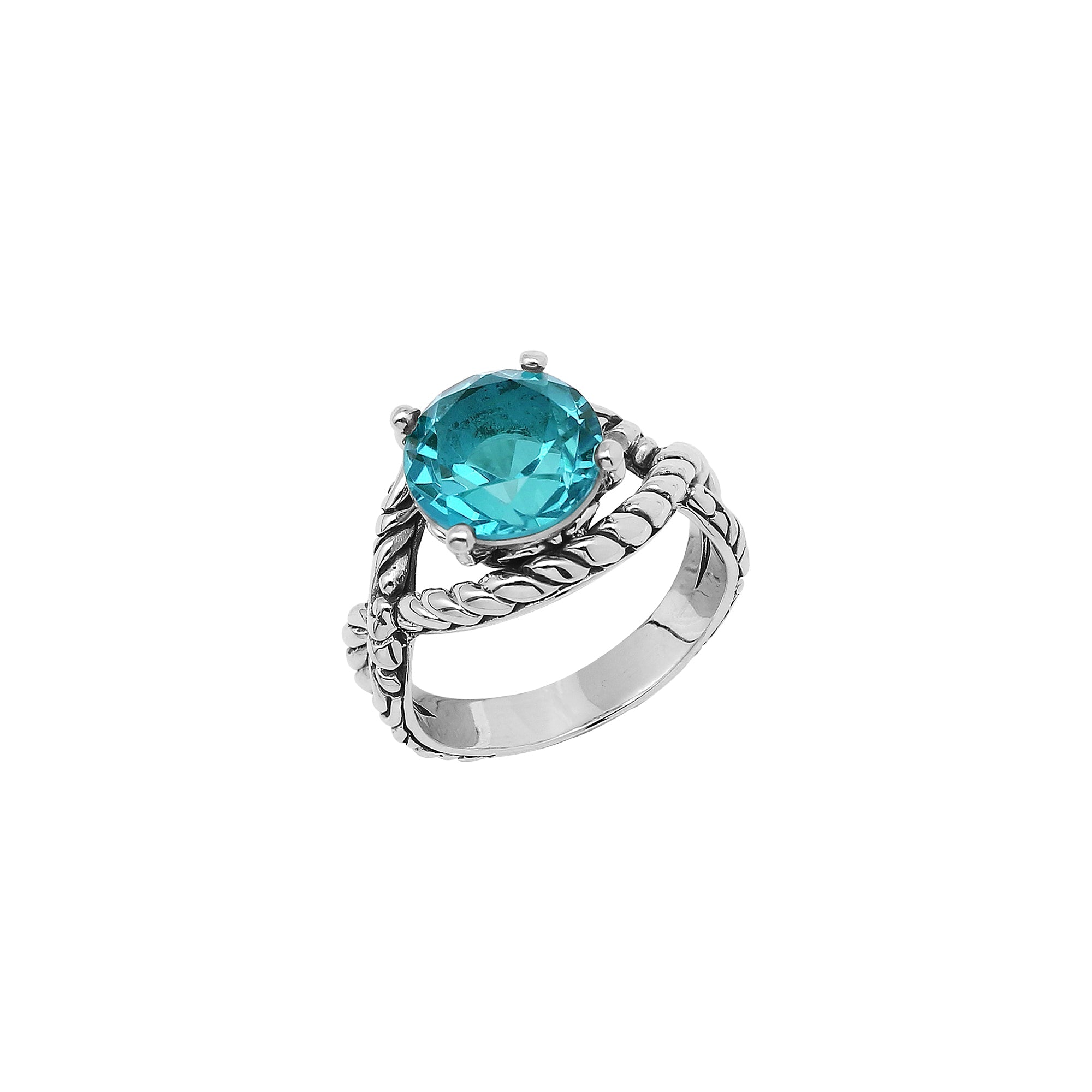Handcrafted Sterling Silver Blue Topaz Quartz Ocean Rope Elegance Ring With Balinese Detailing.