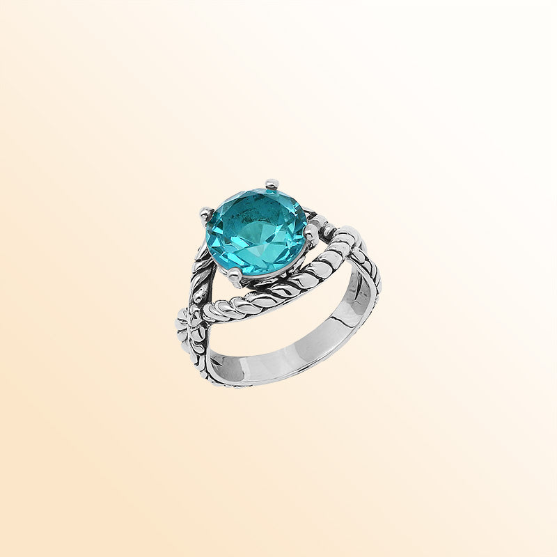 Handcrafted Sterling Silver Blue Topaz Quartz Ocean Rope Elegance Ring With Balinese Detailing.