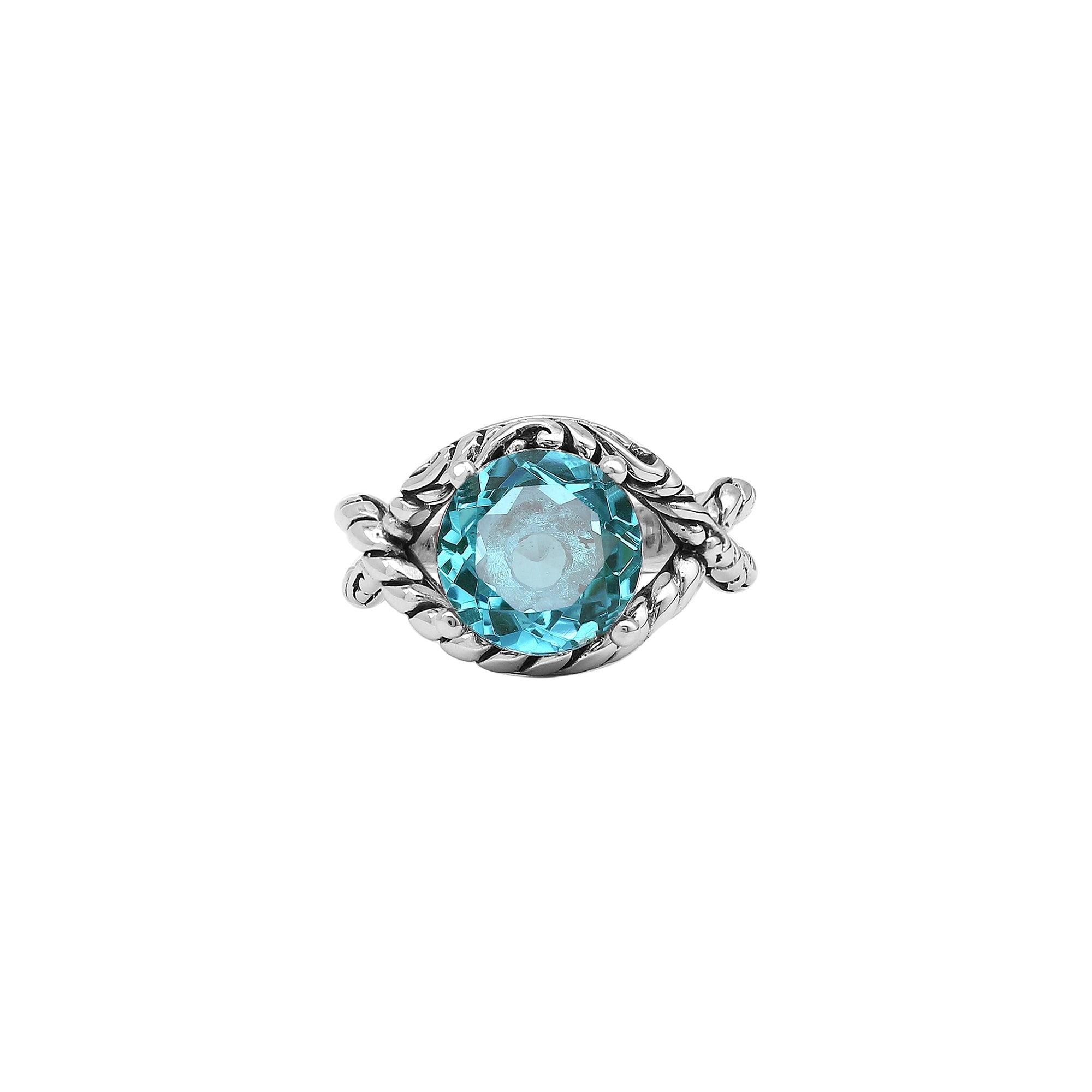 Handcrafted Sterling Silver Blue Topaz Quartz Ocean Rope Elegance Ring With Balinese Detailing.