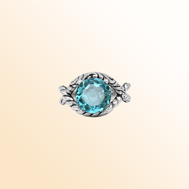 Handcrafted Sterling Silver Blue Topaz Quartz Ocean Rope Elegance Ring With Balinese Detailing.
