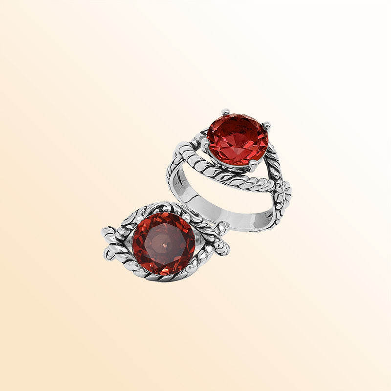 Handcrafted Sterling Silver Garnet Quartz Crimson Rope Elegance Ring With Balinese Detailing.