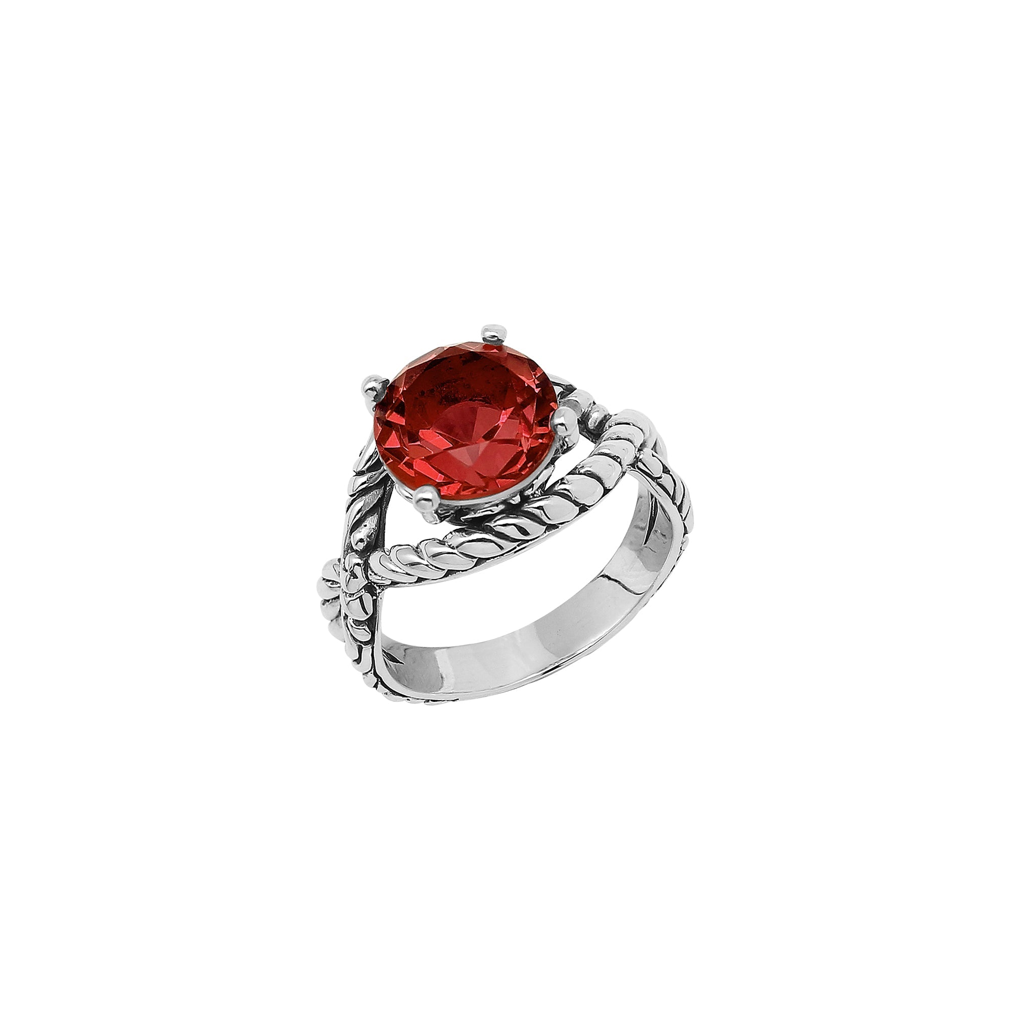 Handcrafted Sterling Silver Garnet Quartz Crimson Rope Elegance Ring With Balinese Detailing.