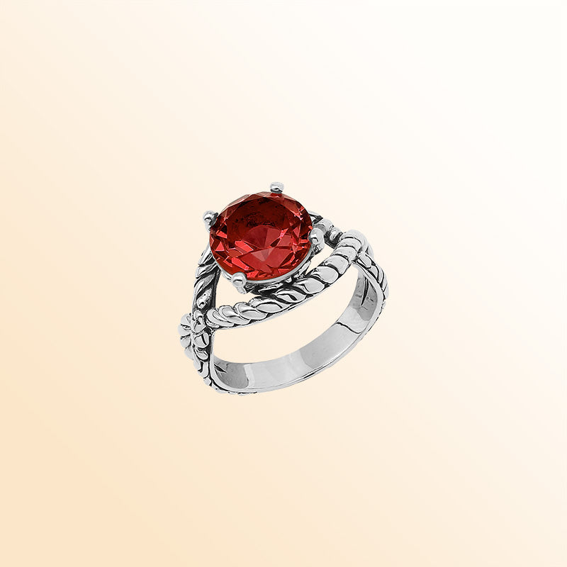 Handcrafted Sterling Silver Garnet Quartz Crimson Rope Elegance Ring With Balinese Detailing.