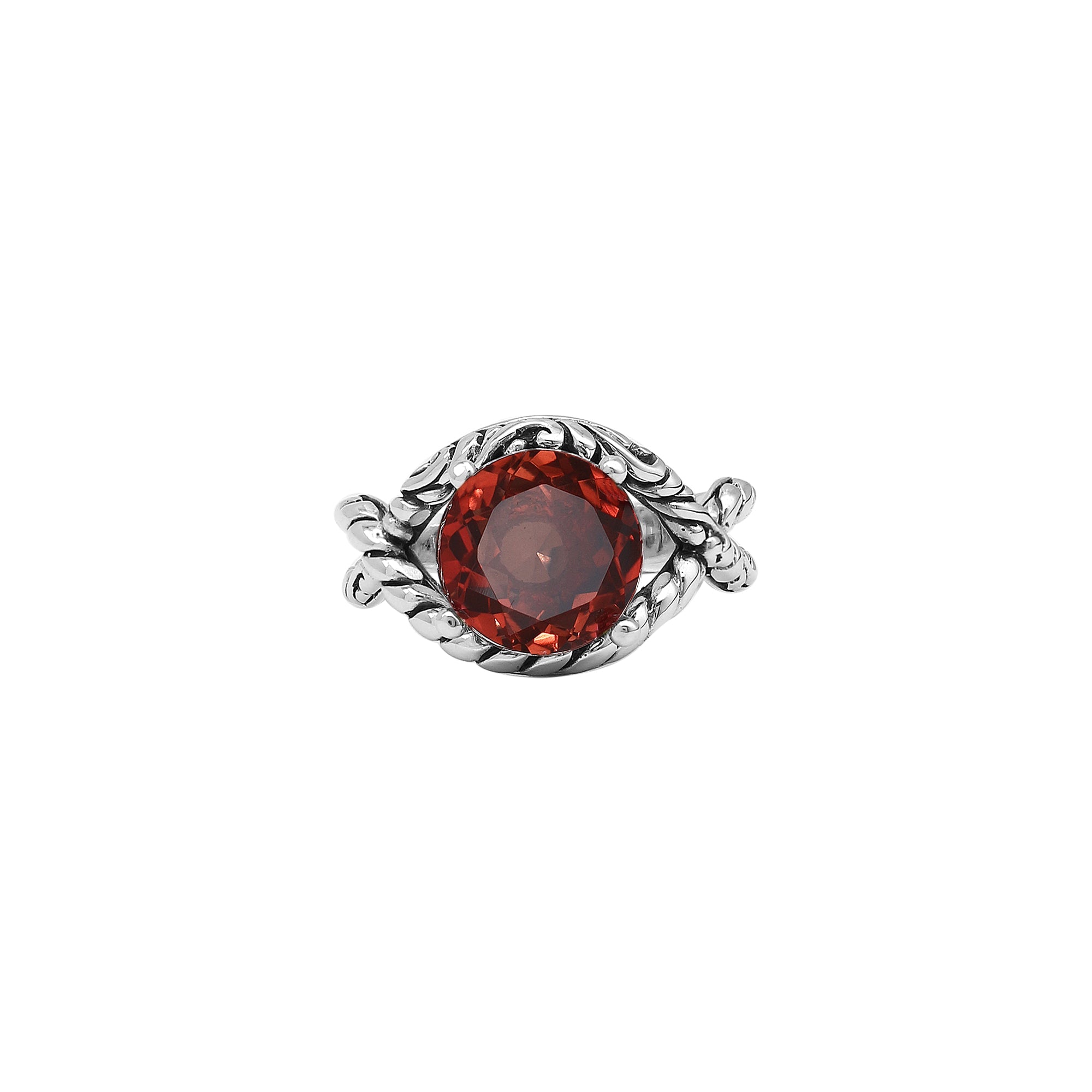 Handcrafted Sterling Silver Garnet Quartz Crimson Rope Elegance Ring With Balinese Detailing.