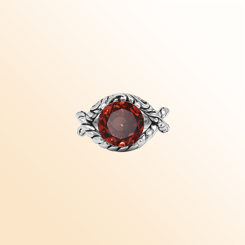 Handcrafted Sterling Silver Garnet Quartz Crimson Rope Elegance Ring With Balinese Detailing.
