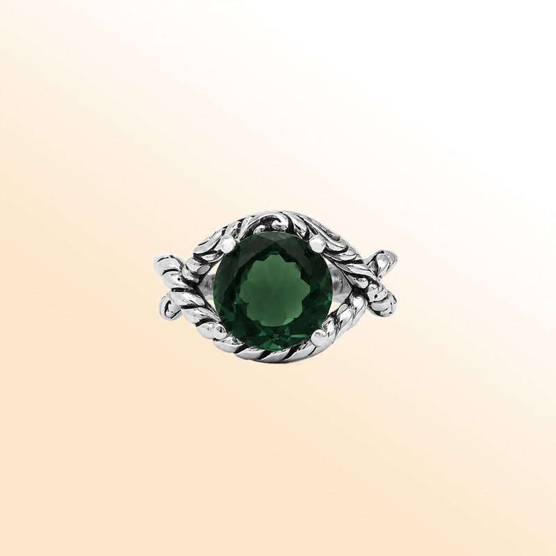 Vintage sterling silver Green Quartz cocktail ring with handcrafted Balinese rope detailing