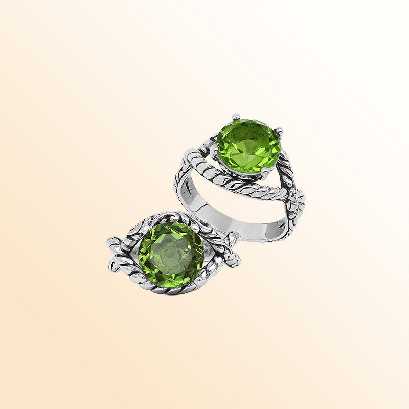 Handcrafted Sterling Silver Peridot Quartz Radiant Rope Elegance Ring With Balinese Detailing.