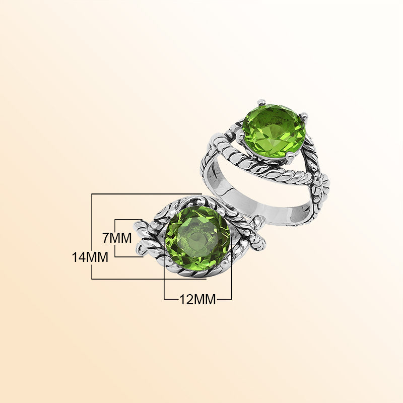 Handcrafted Sterling Silver Peridot Quartz Radiant Rope Elegance Ring With Balinese Detailing.