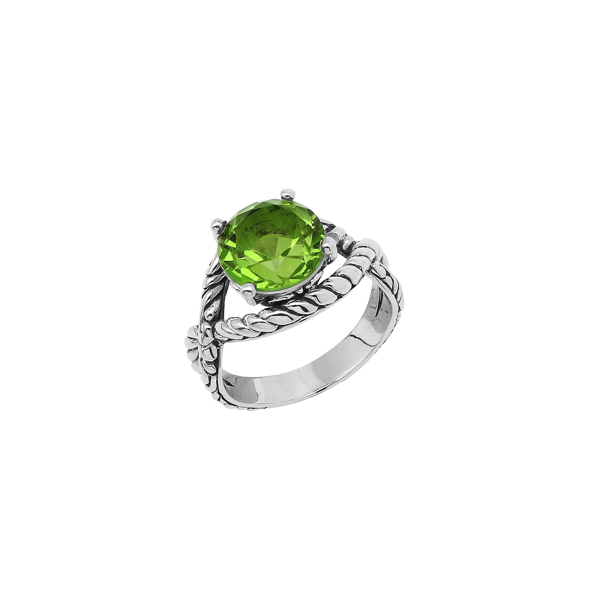 Handcrafted Sterling Silver Peridot Quartz Radiant Rope Elegance Ring With Balinese Detailing.