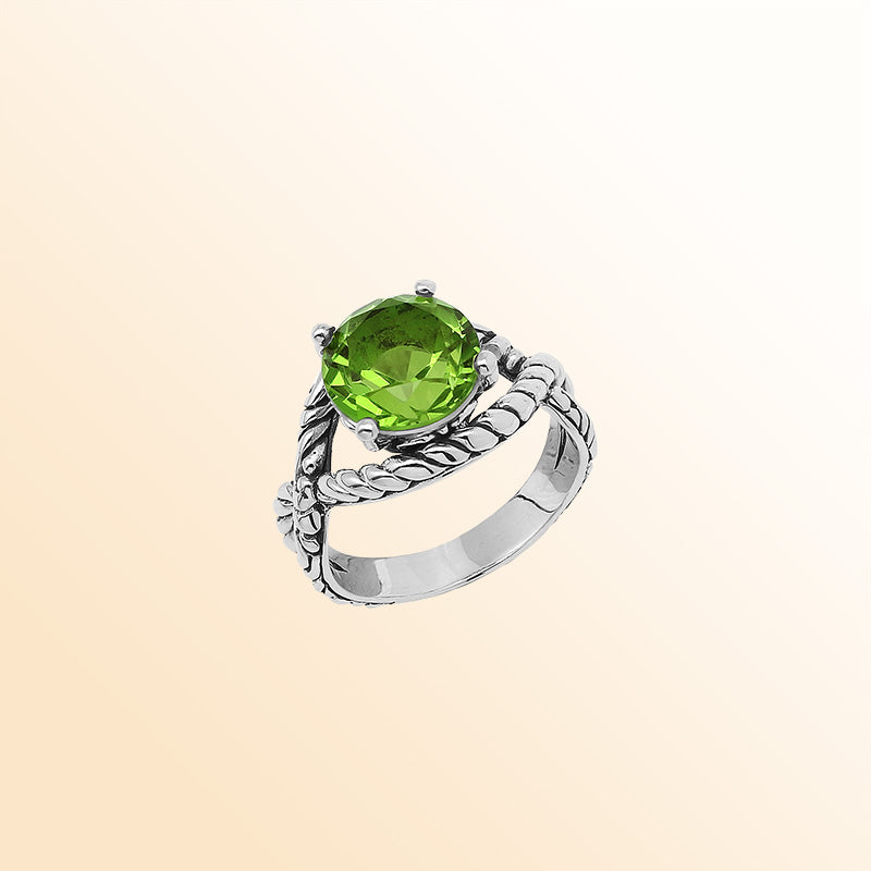 Handcrafted Sterling Silver Peridot Quartz Radiant Rope Elegance Ring With Balinese Detailing.