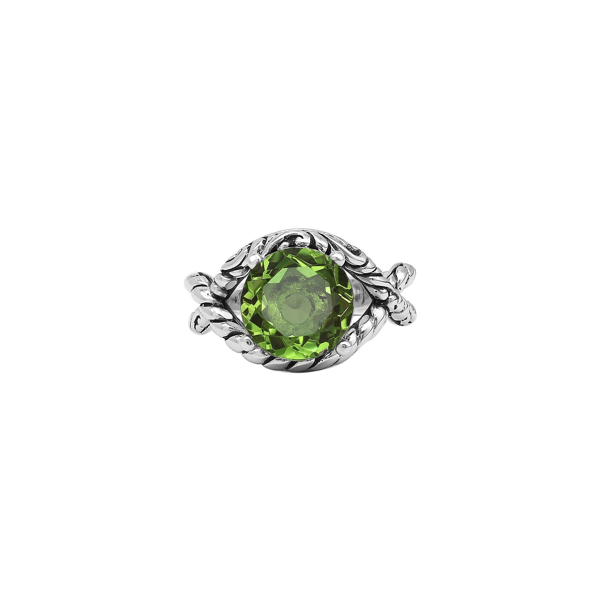 Handcrafted Sterling Silver Peridot Quartz Radiant Rope Elegance Ring With Balinese Detailing.