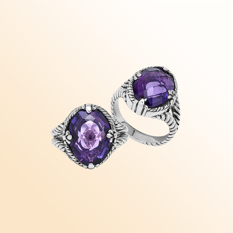 Handcrafted Sterling Silver Amethyst Quartz Royal Twilight Rope Elegance Ring With Balinese Detailing.