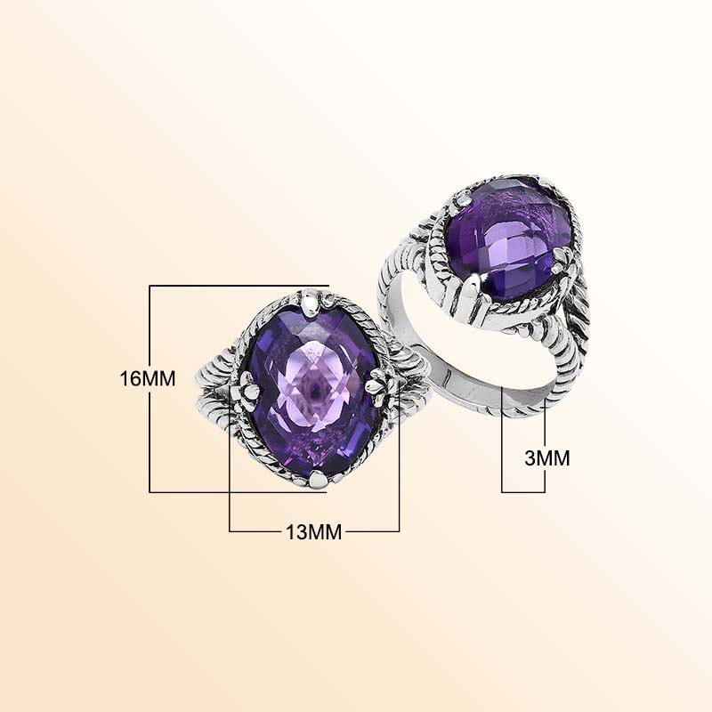Handcrafted Sterling Silver Amethyst Quartz Royal Twilight Rope Elegance Ring With Balinese Detailing.