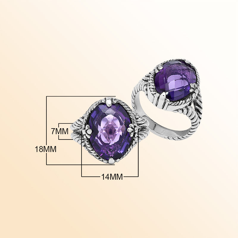 Handcrafted Sterling Silver Amethyst Quartz Royal Twilight Rope Elegance Ring With Balinese Detailing.