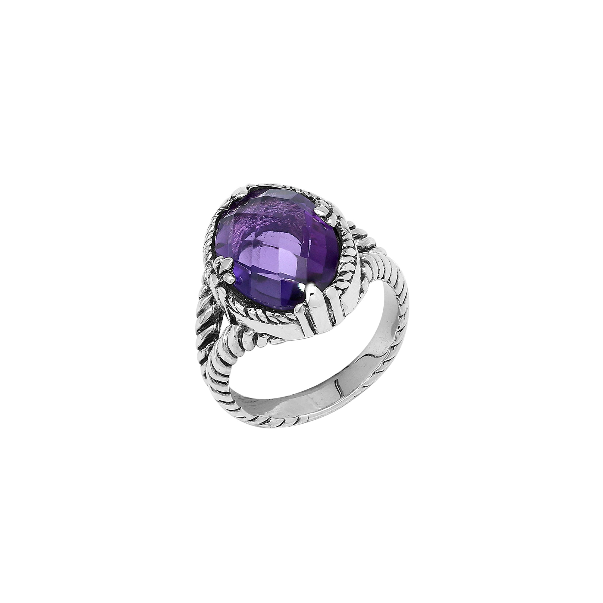 Handcrafted Sterling Silver Amethyst Quartz Royal Twilight Rope Elegance Ring With Balinese Detailing.